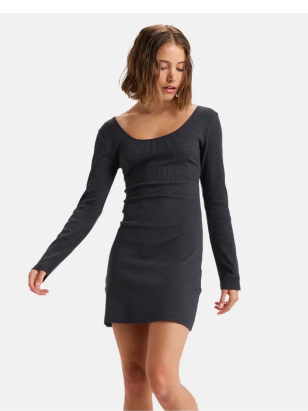 Roxy Good Keepsake Long Sleeve Scoop Neck Ribbed Mini Dress - Charcoal